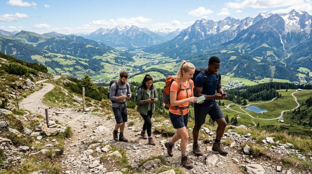 A group of diverse young tourists hiking on a mountain trail