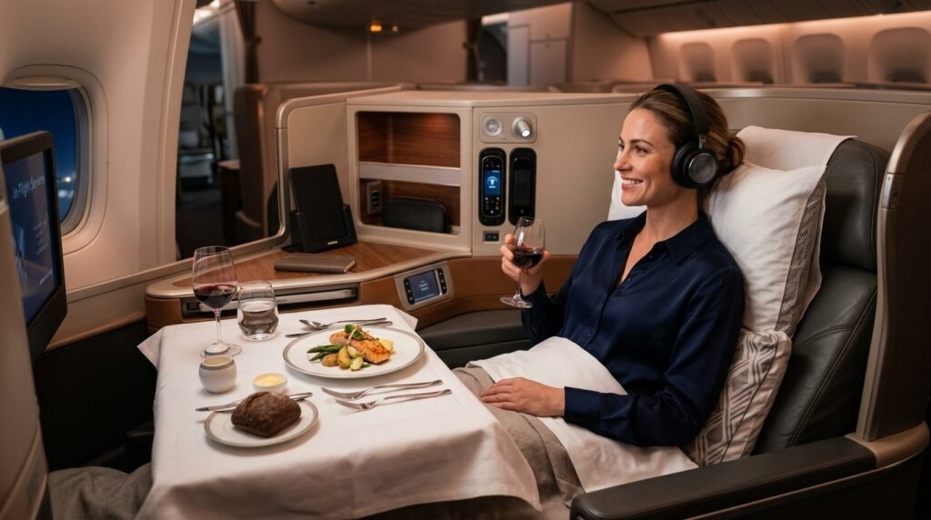 Close-up of business class passenger enjoying premium amenit