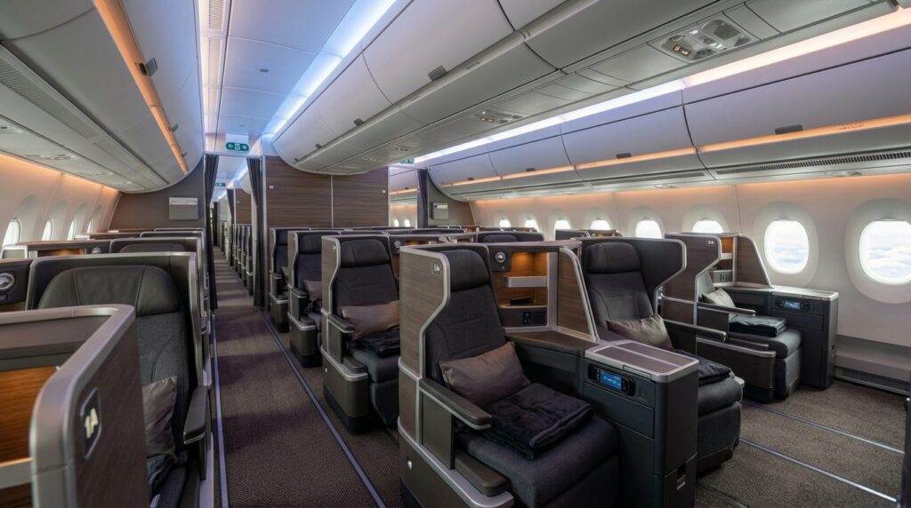 Wide angle view of empty business class cabin section showin