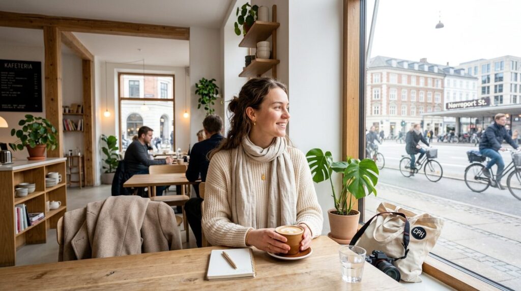 Young female traveler in a Copenhagen café near Nørreport st