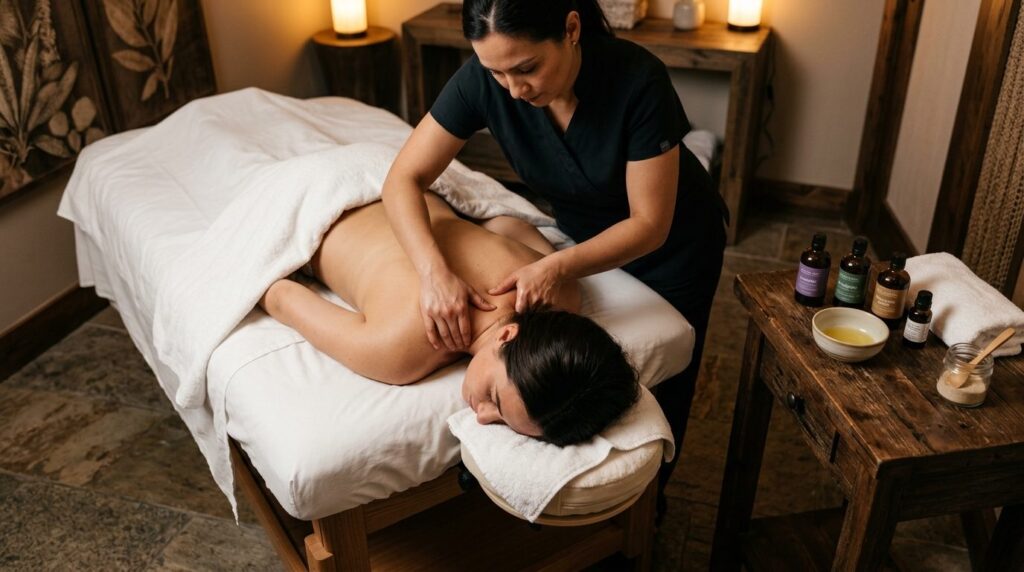 Overhead view of a spa therapy session showing skilled hands