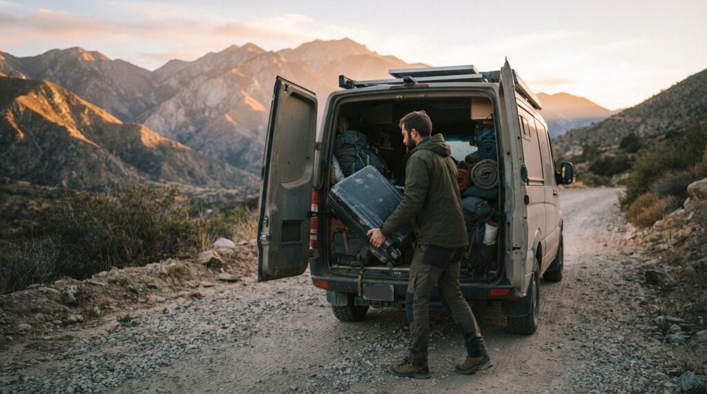Realistic travel scene: adventurous traveler loading hard-sh