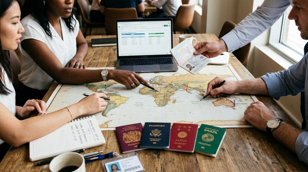Close-up of diverse hands collaborating over a world map and