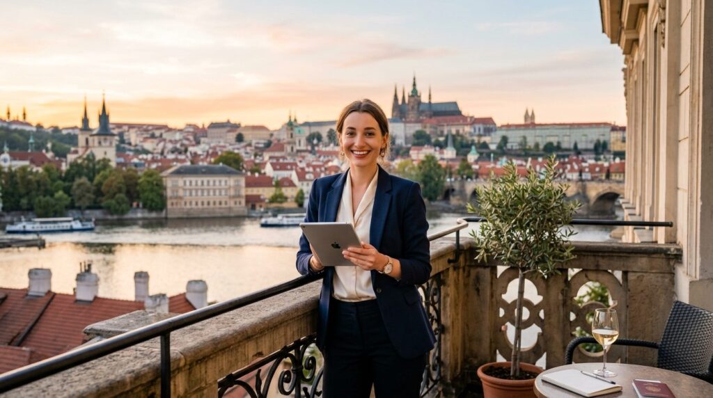 Young professional standing on a balcony overlooking a Europ