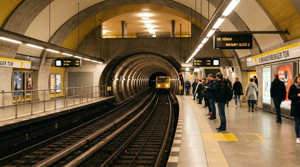 Undergrundsstation med perroner og sporanlæg set fra travet.