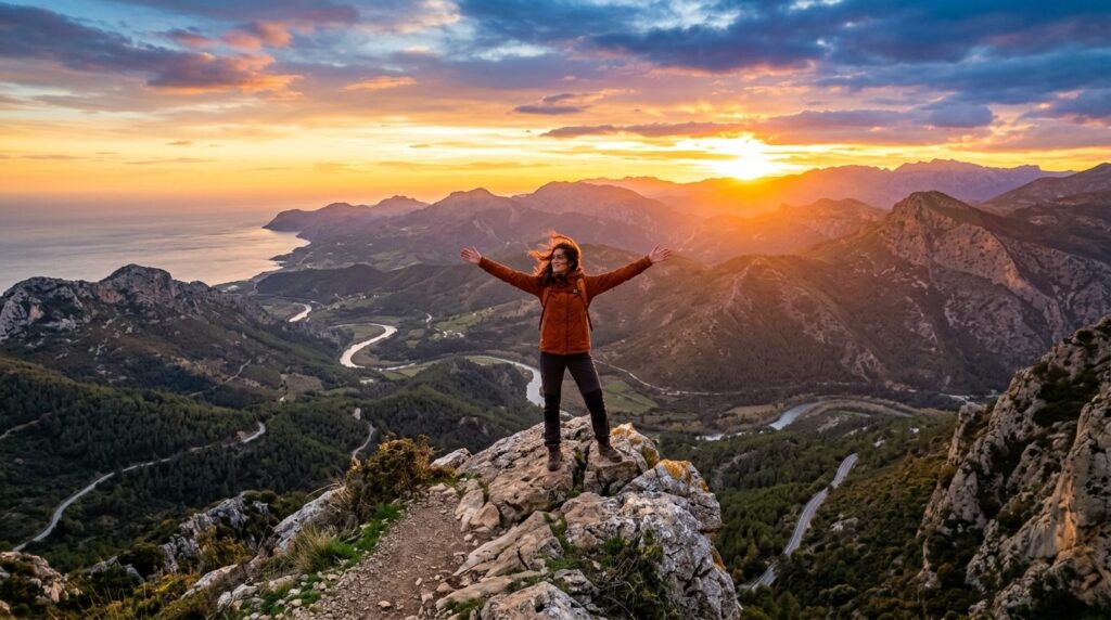 Wide aerial view of an adventurous solo traveler standing on