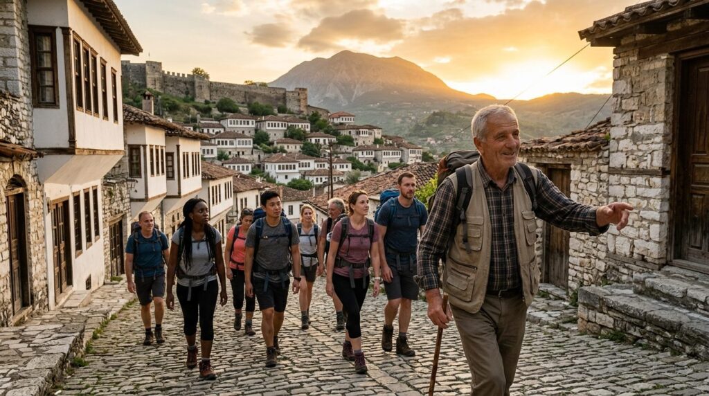 High-quality photograph of experienced tour guide leading a 