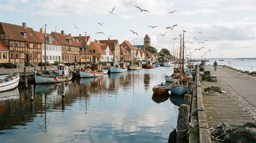 Authentic Danish harbor scene in a small coastal town, woode