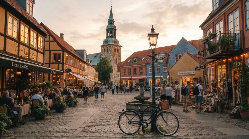 Intimate Danish town square at sunset, historic church spire