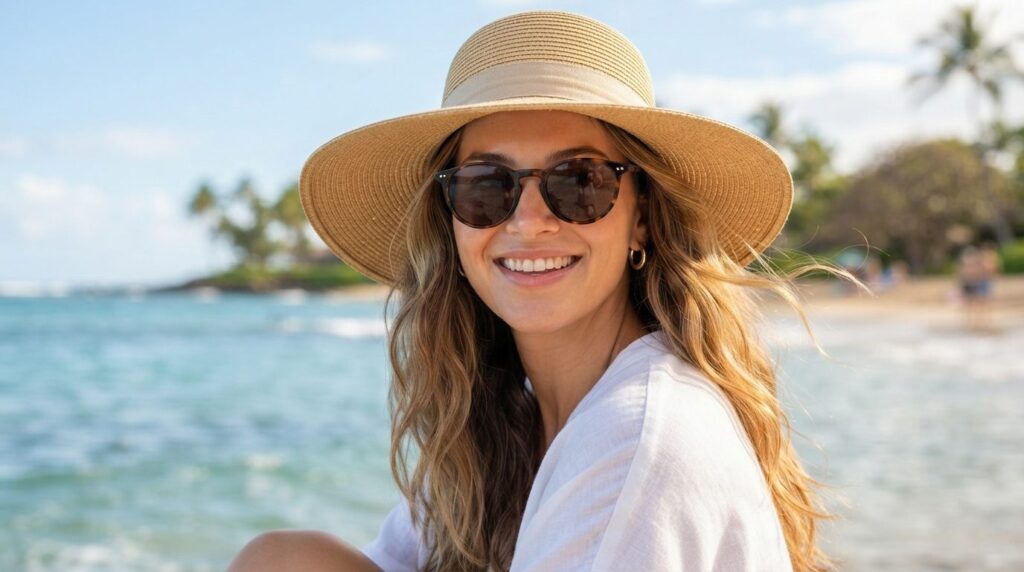 Close-up portrait of a woman enjoying sunlight on a tropical