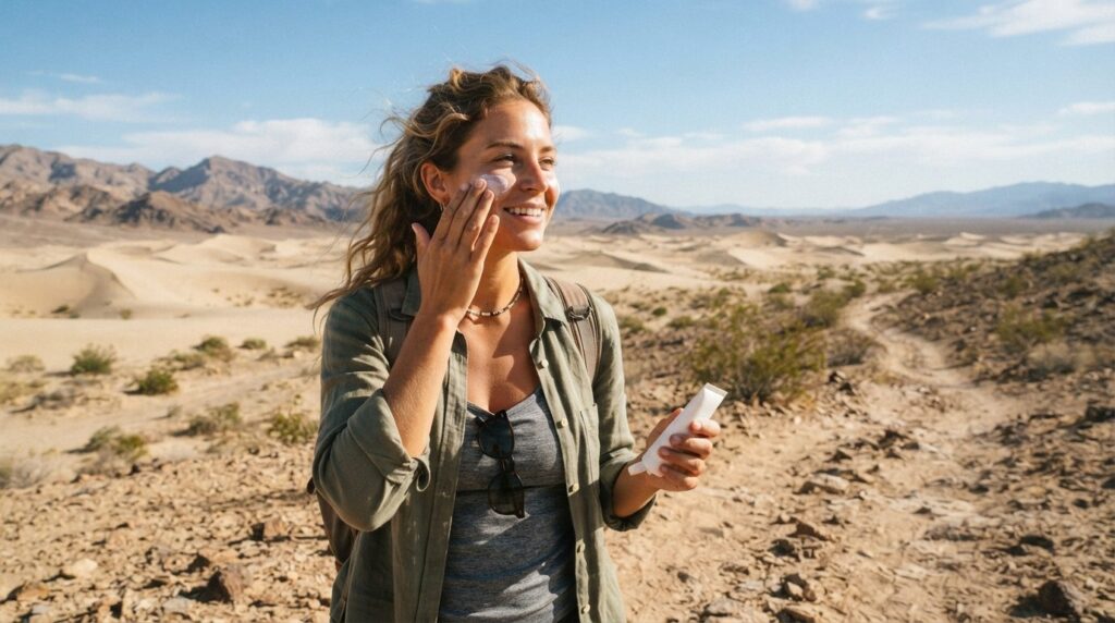 Wide shot of an adventurous traveler woman applying protecti