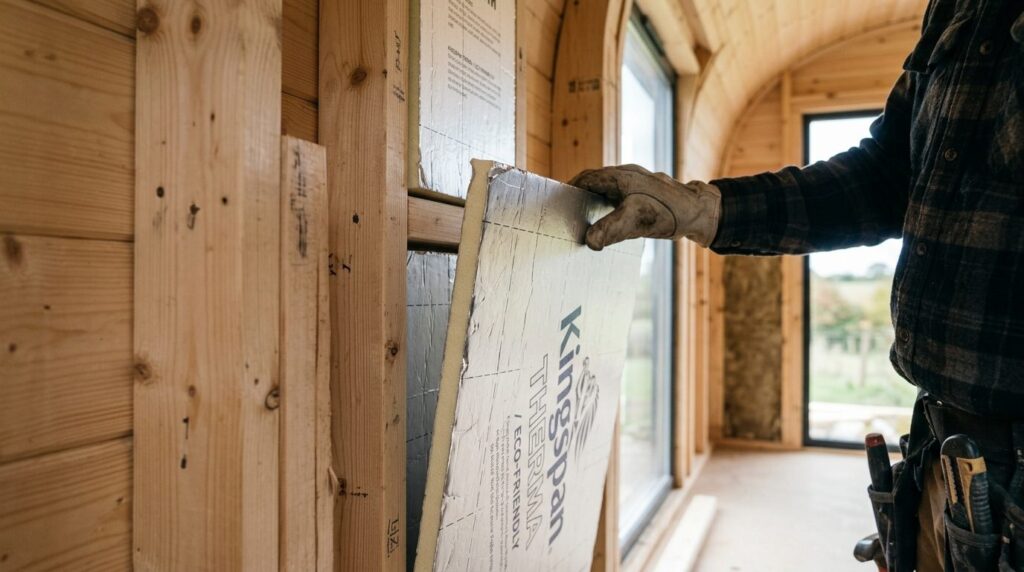 Close-up detail shot of thin PIR insulation board being inst