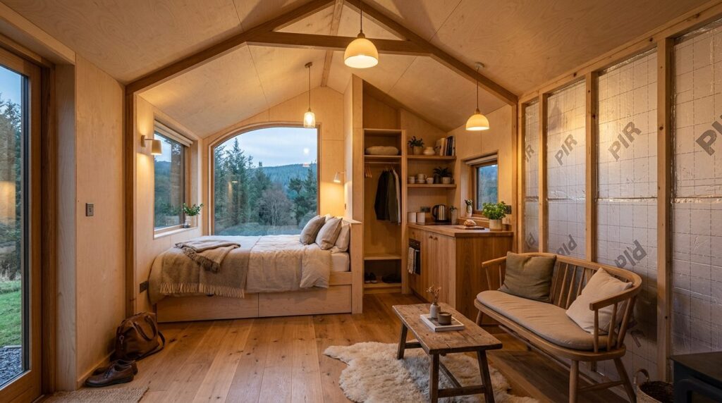 Wide angle interior view of a compact glamping accommodation