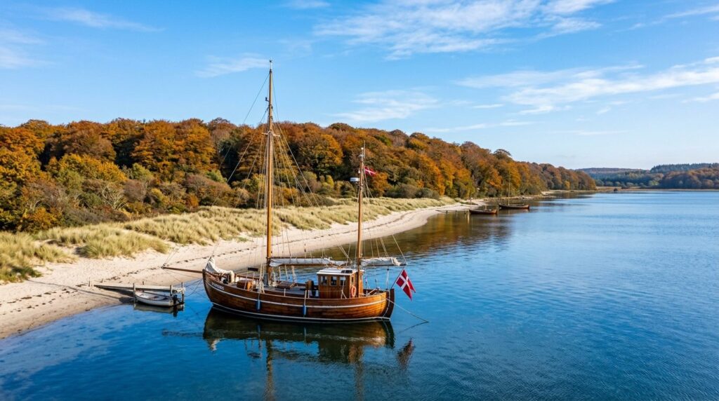 Photorealistic stock photo, 16:9 format. A scenic Danish coa