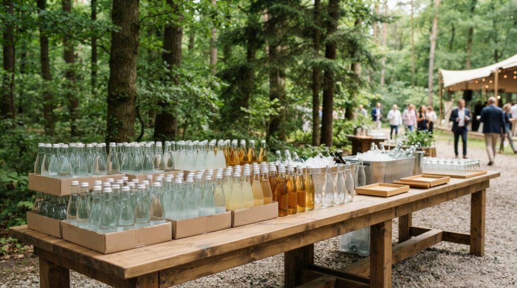 Corporate event setup with multiple cases of bottled water a