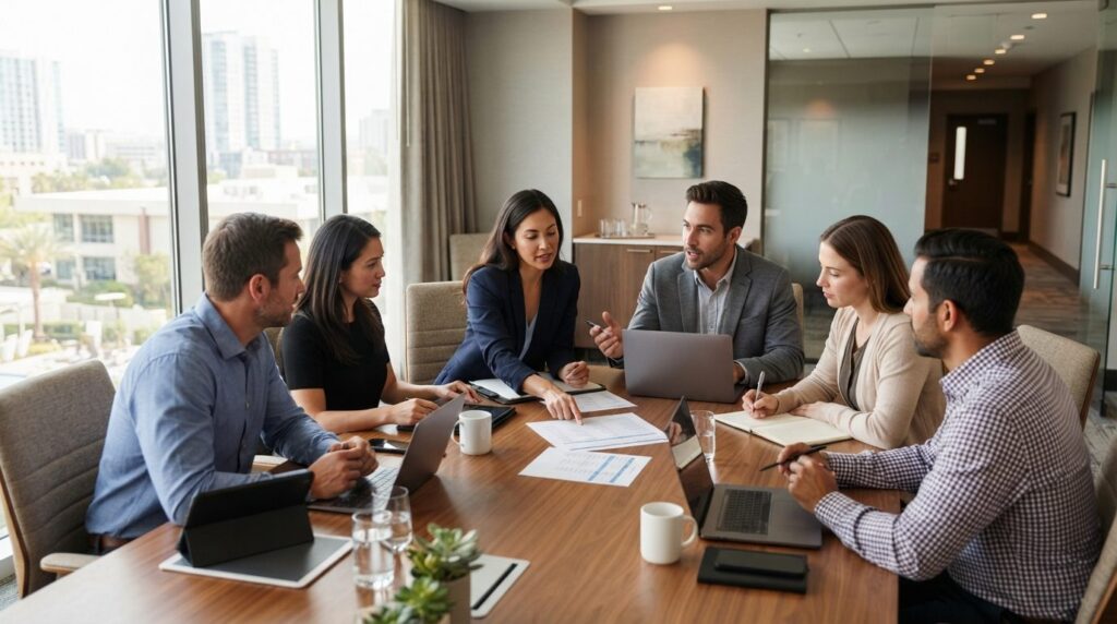 HR team leaders and managers gathered around a conference ta