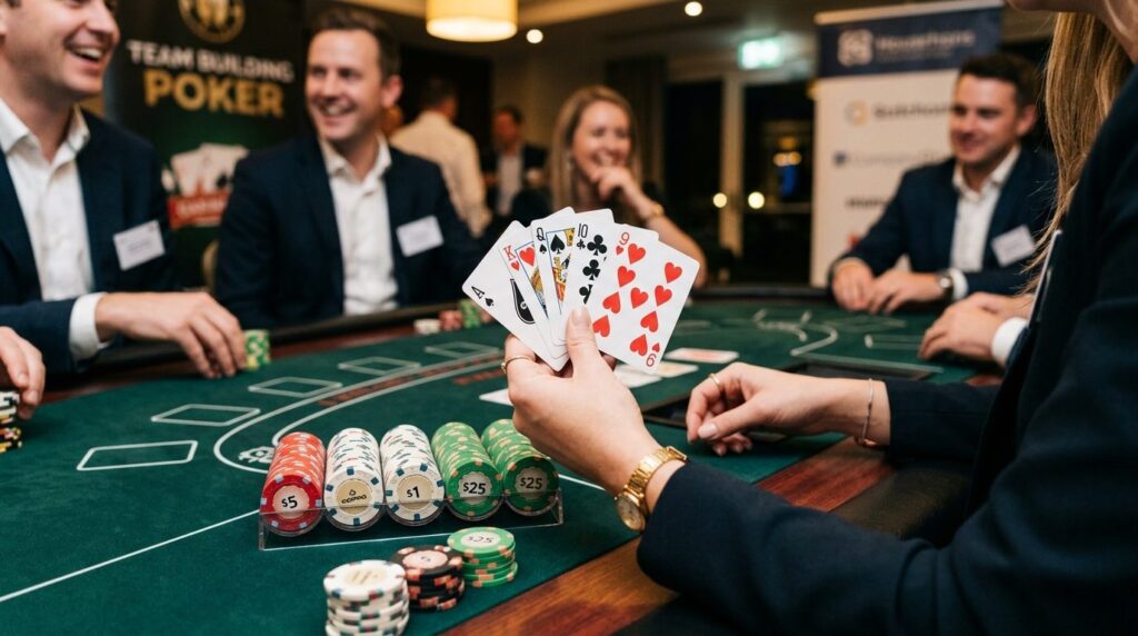 Close-up of hands holding poker cards and chips at a well-li