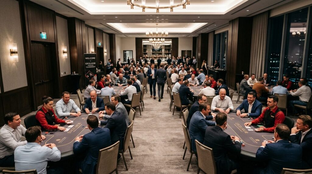 Wide shot of a sophisticated corporate poker tournament room