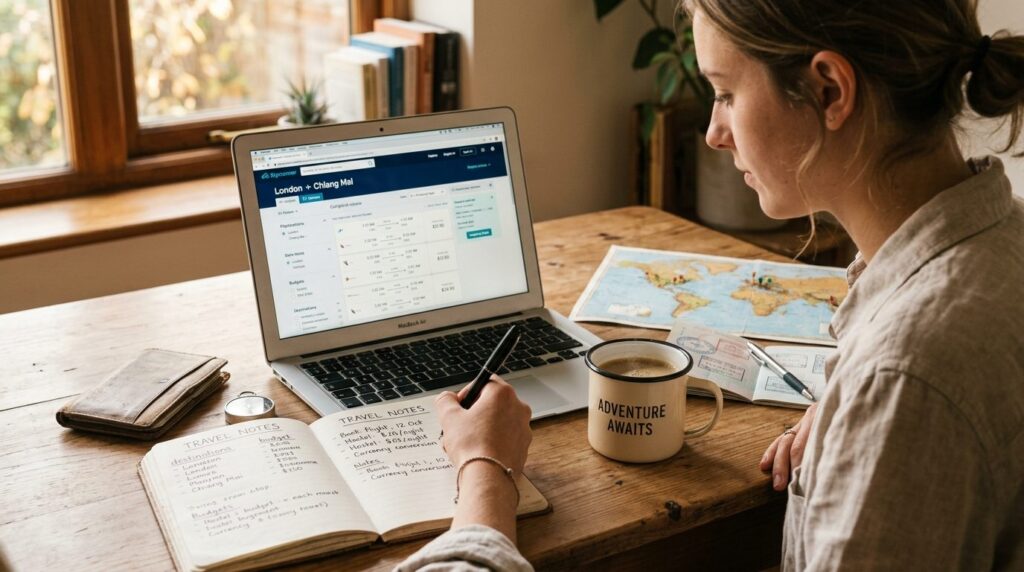 Close-up of budget-conscious traveler planning trip on lapto