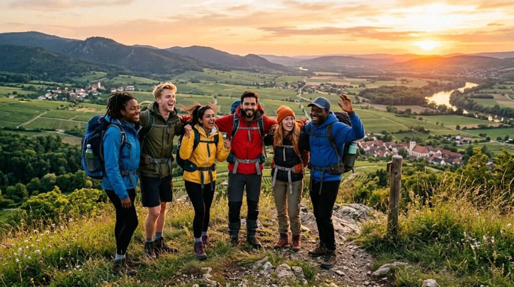 Group of happy young adventurers backpacking through Europea
