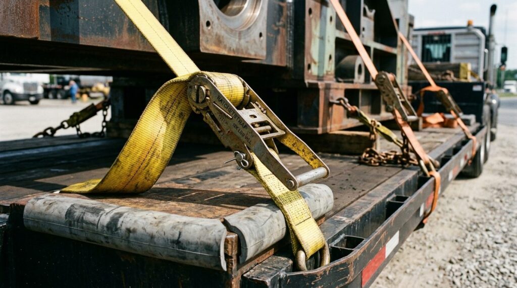 Close-up detail of heavy-duty cargo straps and securing equi