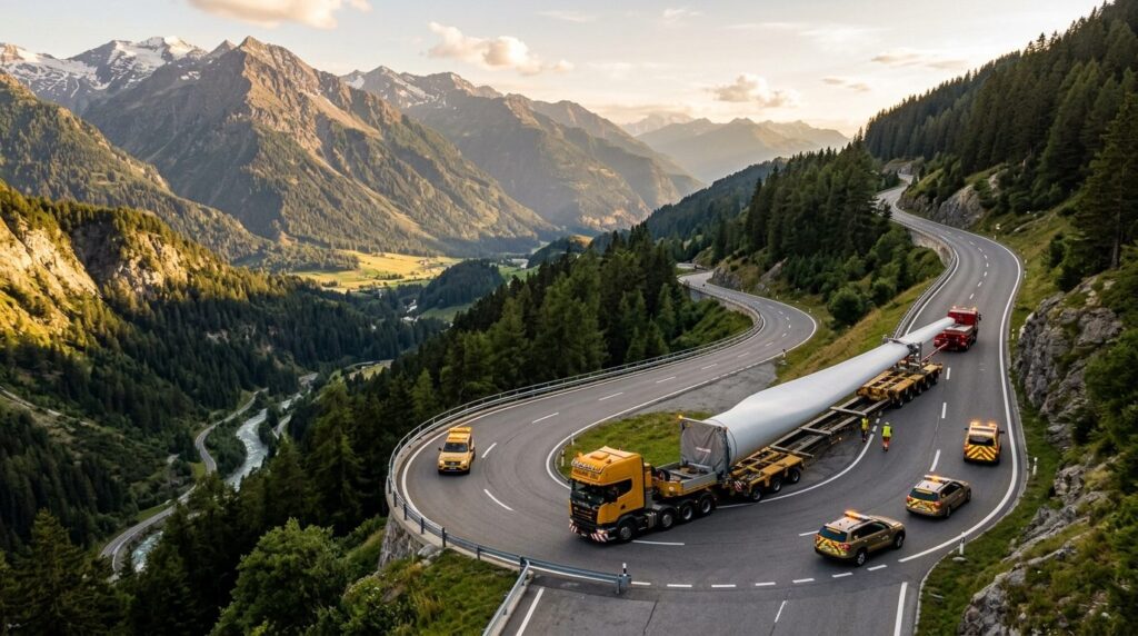 Aerial drone view of a specialized transport convoy navigati
