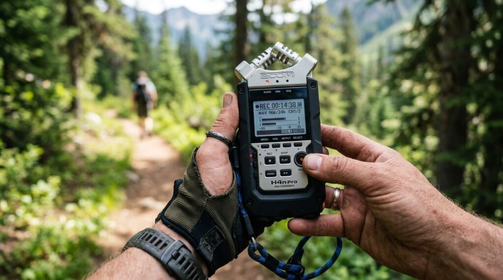 Close-up of hands holding a portable audio recorder device d