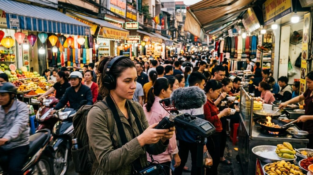 Young adventurer recording ambient sounds in a bustling Asia