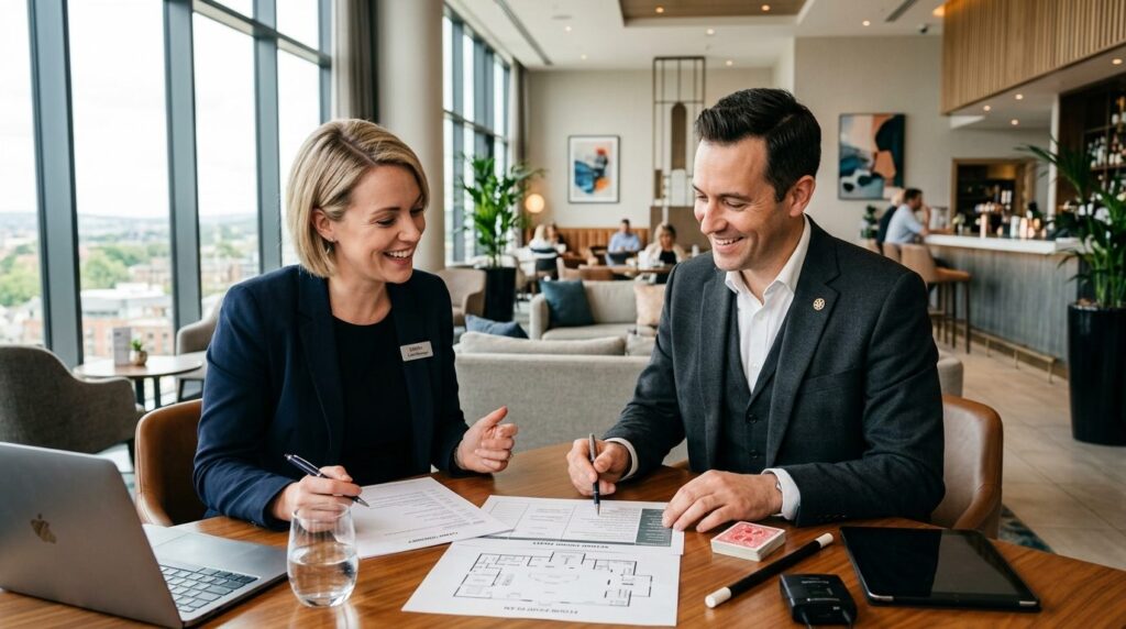 Hotel event manager and magician having professional consult