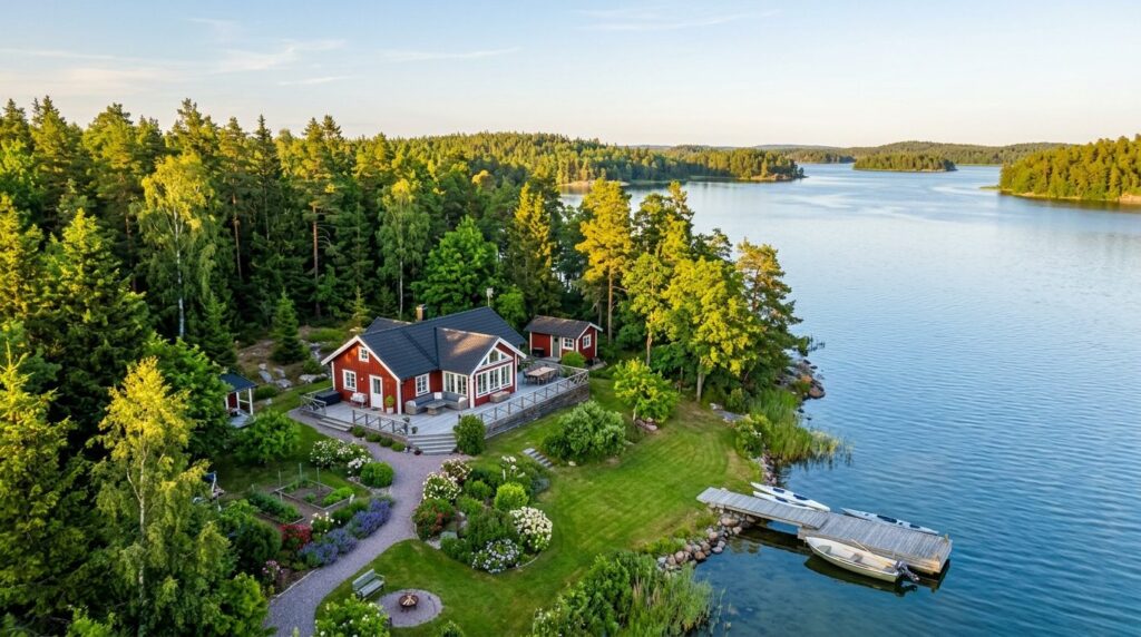 Aerial drone photograph of a beautiful Scandinavian-style su