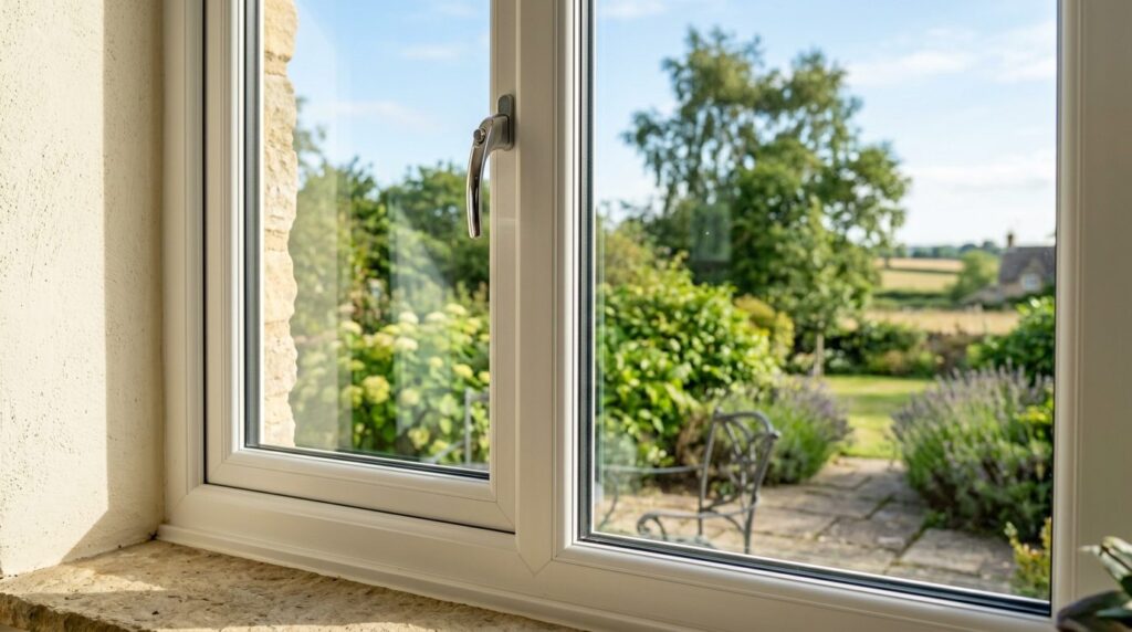 Close-up detail shot of high-quality PVC window frame on a c