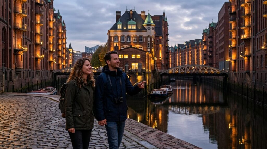 Professional stock photo of a couple exploring Hamburgs Spe