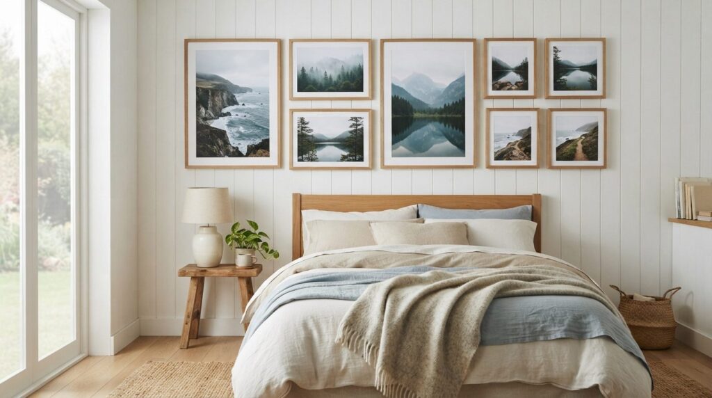 Curated gallery wall in a bright scandinavian cottage bedroo