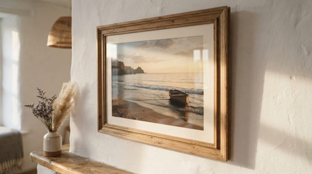 Close-up detail of fine art photography print on cottage wal