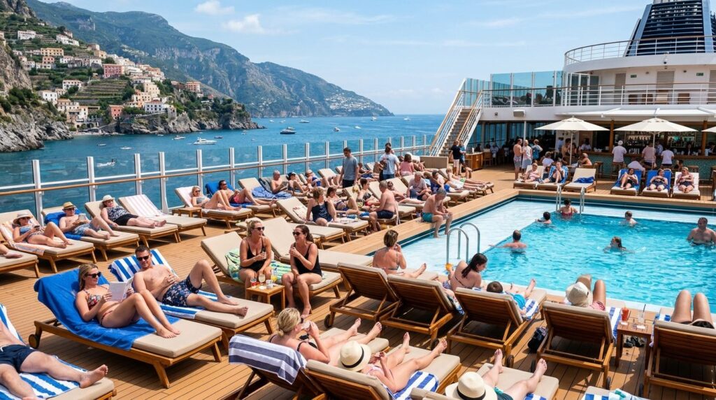 Close-up of cruise ship deck with swimming pool, lounge chai