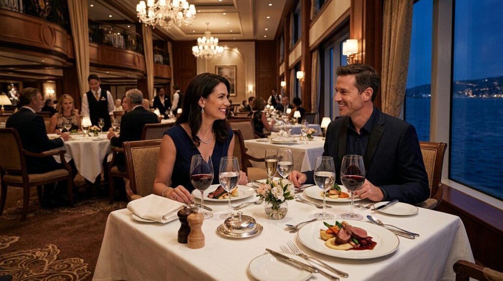 Elegant cruise ship dining hall with gourmet plated course, 